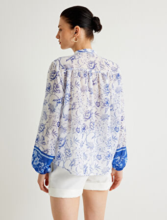 Koton X Melis Ağazat - Çiçekli Yakasız Gömlek Uzun Kolu