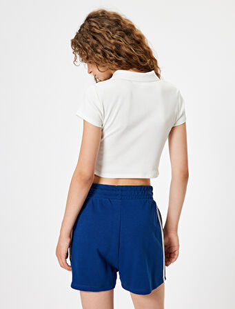 Polo Yaka Tişört Crop Düğmeli Kısa Kollu Kolej İşlemeli Slim Fit