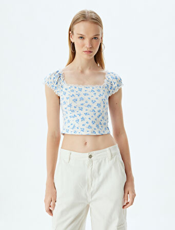 Crop Üst Fırfırlı Kısa Kollu Çiçek Desenli Kare Yaka Slim Fit
