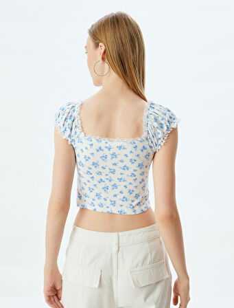 Crop Üst Fırfırlı Kısa Kollu Çiçek Desenli Kare Yaka Slim Fit