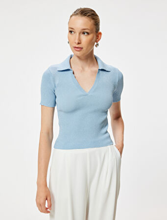 Parıltılı Polo Yaka Triko Kazak Kısa Kollu