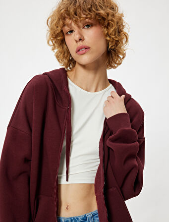 Oversize Fermuarlı Sweatshirt Yıldız İşlemeli Kanguru Cepli