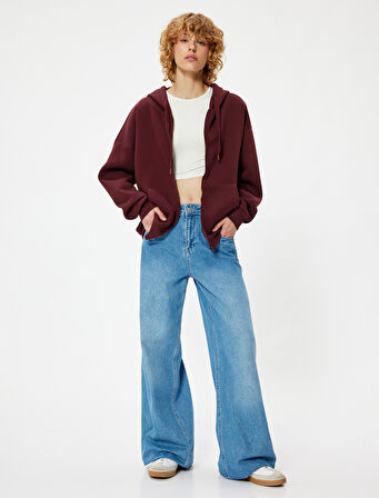 Oversize Fermuarlı Sweatshirt Yıldız İşlemeli Kanguru Cepli