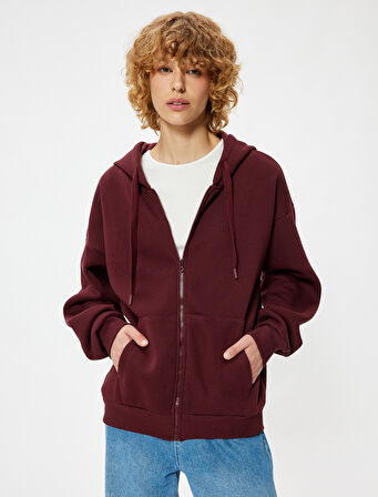 Oversize Fermuarlı Sweatshirt Yıldız İşlemeli Kanguru Cepli