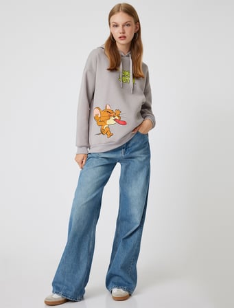 Tom ve Jerry Oversize Kapüşonlu Sweatshirt Baskılı Lisanslı