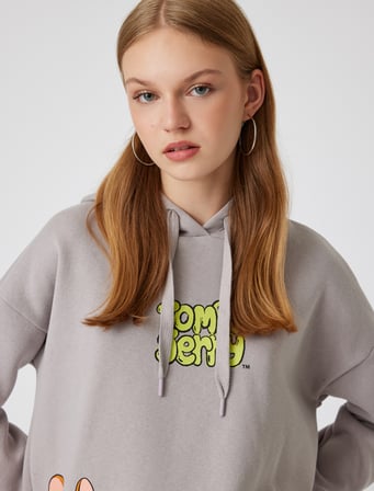 Tom ve Jerry Oversize Kapüşonlu Sweatshirt Baskılı Lisanslı