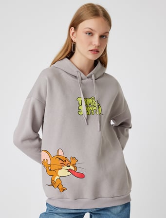 Tom ve Jerry Oversize Kapüşonlu Sweatshirt Baskılı Lisanslı