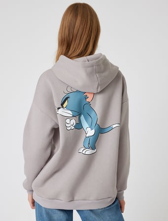 Tom ve Jerry Oversize Kapüşonlu Sweatshirt Baskılı Lisanslı