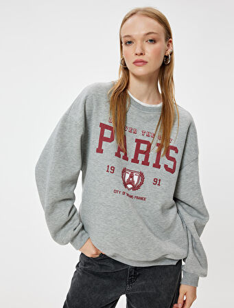 Oversize Sweatshirt Bisiklet Yaka Kolej Baskılı Şardonlu Ribanalı