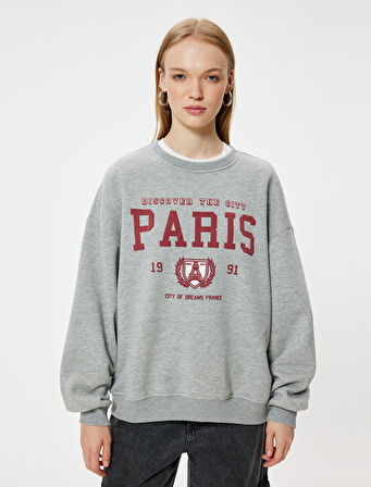 Oversize Sweatshirt Bisiklet Yaka Kolej Baskılı Şardonlu Ribanalı