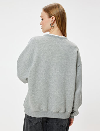 Oversize Sweatshirt Bisiklet Yaka Kolej Baskılı Şardonlu Ribanalı