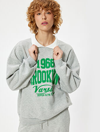 Polo Yaka Sweatshirt Oversize Kolej Baskılı Uzun Kollu