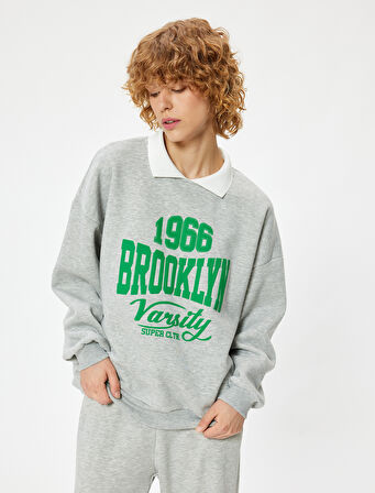 Polo Yaka Sweatshirt Oversize Kolej Baskılı Uzun Kollu