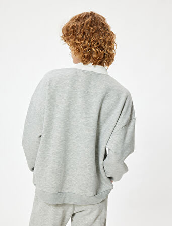 Polo Yaka Sweatshirt Oversize Kolej Baskılı Uzun Kollu