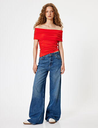 Madonna Yaka Tişört Drapeli Kısa Kollu Slim Fit