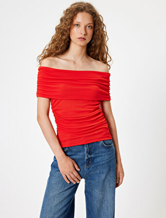 Madonna Yaka Tişört Drapeli Kısa Kollu Slim Fit