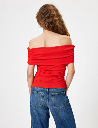 Madonna Yaka Tişört Drapeli Kısa Kollu Slim Fit