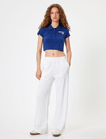 Crop Tişört Polo Yaka Düğmeli Kısa Kollu Kolej İşlemeli Slim Fit