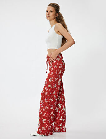 Geniş Paça Pantolon Bürümcük Yüksek Bel Çiçekli Beli Bağcıklı