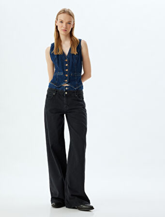 Bol Kesim Kot Pantolon Çift Bel Detaylı Düğmeli - Loose Straight Fit Jean