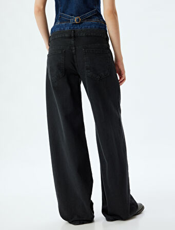 Bol Kesim Kot Pantolon Çift Bel Detaylı Düğmeli - Loose Straight Fit Jean