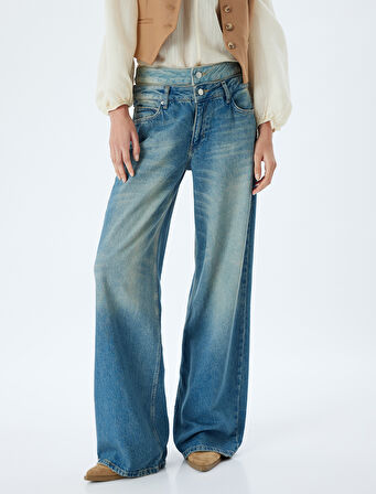 Bol Kesim Kot Pantolon Çift Bel Detaylı Düğmeli - Loose Straight Fit Jean