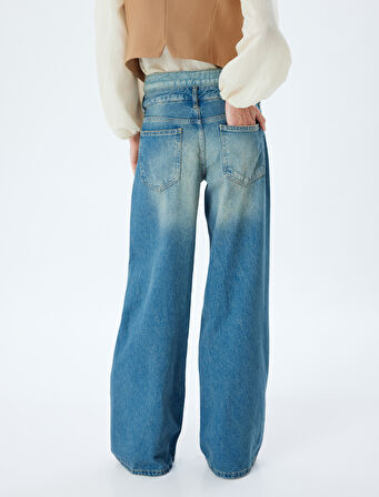 Bol Kesim Kot Pantolon Çift Bel Detaylı Düğmeli - Loose Straight Fit Jean