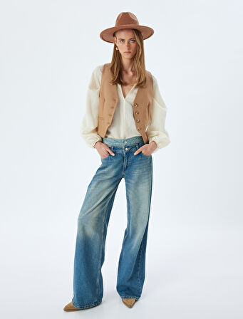 Bol Kesim Kot Pantolon Çift Bel Detaylı Düğmeli - Loose Straight Fit Jean