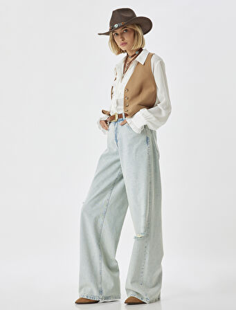 Yırtık Kot Pantolon Düşük Bel Düğmeli Bol Paça Pamuklu - Loose Straight Fit Jean