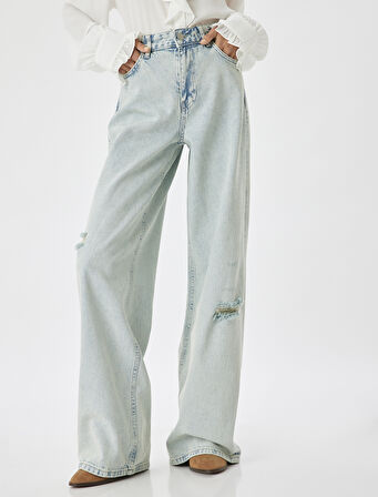 Yırtık Kot Pantolon Düşük Bel Düğmeli Bol Paça Pamuklu - Loose Straight Fit Jean