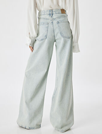 Yırtık Kot Pantolon Düşük Bel Düğmeli Bol Paça Pamuklu - Loose Straight Fit Jean