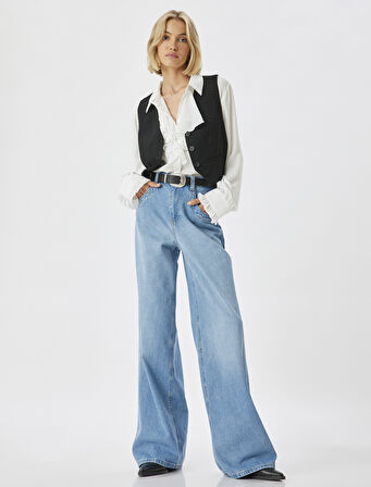 Bol Paça Kot Pantolon Normal Bel Düğmeli Pamuklu - Loose Straight Fit Jean