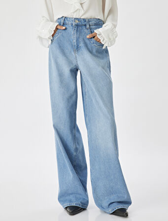 Bol Paça Kot Pantolon Normal Bel Düğmeli Pamuklu - Loose Straight Fit Jean