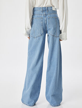 Bol Paça Kot Pantolon Normal Bel Düğmeli Pamuklu - Loose Straight Fit Jean
