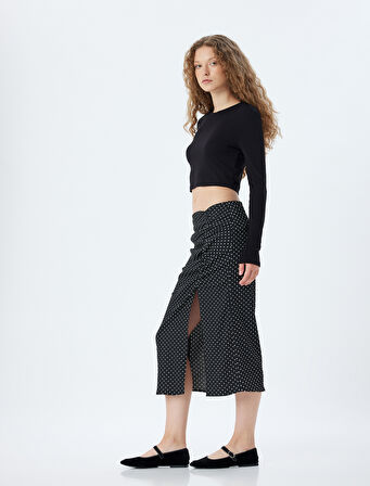 Midi Etek Yırtmaçlı Puantiyeli Drapeli Yüksek Bel Slim Fit