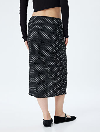 Midi Etek Yırtmaçlı Puantiyeli Drapeli Yüksek Bel Slim Fit