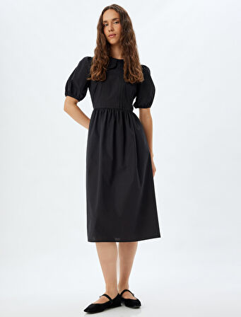 Kısa Balon Kol Poplin Elbise Midi Boy Bebe Yaka Pamuklu