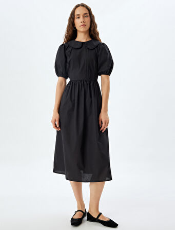 Kısa Balon Kol Poplin Elbise Midi Boy Bebe Yaka Pamuklu