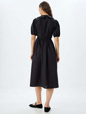 Kısa Balon Kol Poplin Elbise Midi Boy Bebe Yaka Pamuklu