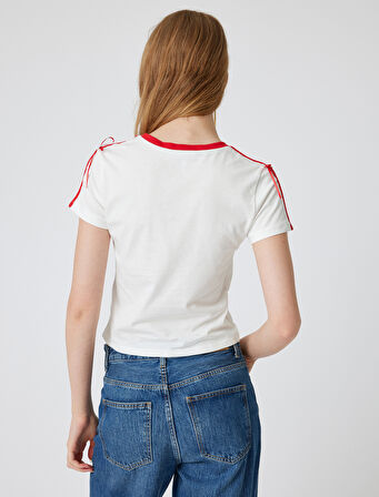 Fiyonklu Tişört Kiraz Baskılı Bisiklet Yaka Kısa Kollu Biyeli