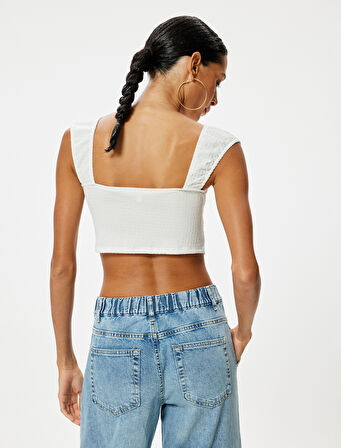 Crop Tişört Bürümcük Sırt Detaylı Kap Kol Kayık Yaka Slim Fit