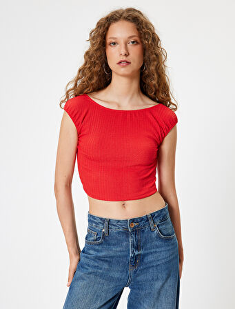 Crop Tişört Bürümcük Sırt Detaylı Kap Kol Kayık Yaka Slim Fit