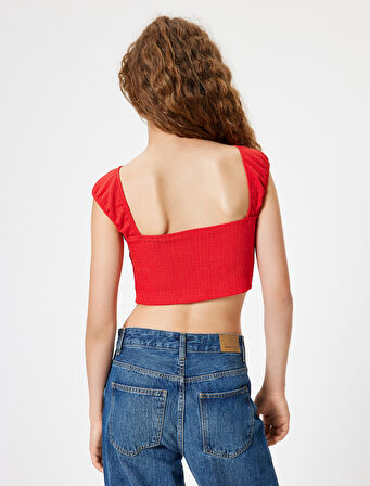 Crop Tişört Bürümcük Sırt Detaylı Kap Kol Kayık Yaka Slim Fit