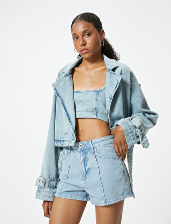 Mini Kot Şort Nervürlü Düğmeli Relax Fit Normal Bel