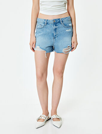 Mini Kot Şort Yıpratılmış Düğmeli Cepli Rahat Kalıp