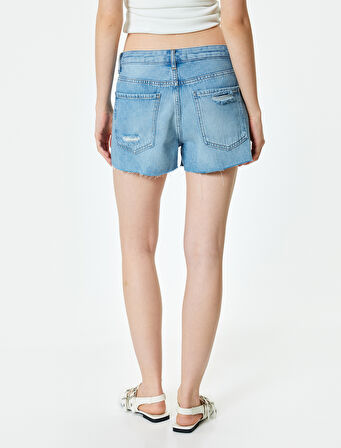 Mini Kot Şort Yıpratılmış Düğmeli Cepli Rahat Kalıp