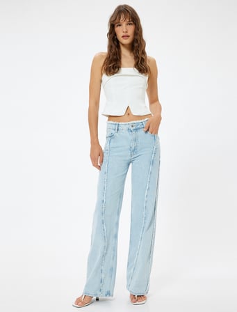 Püsküllü Geniş Paça Kot Pantolon Cepli Asimetrik Dikiş Detaylı - Bianca Wide Leg Jeans