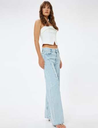 Püsküllü Geniş Paça Kot Pantolon Cepli Asimetrik Dikiş Detaylı - Bianca Wide Leg Jeans