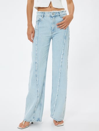 Püsküllü Geniş Paça Kot Pantolon Cepli Asimetrik Dikiş Detaylı - Bianca Wide Leg Jeans