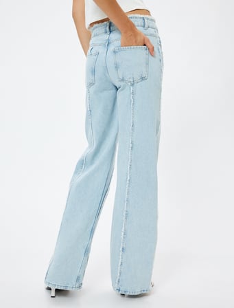 Püsküllü Geniş Paça Kot Pantolon Cepli Asimetrik Dikiş Detaylı - Bianca Wide Leg Jeans